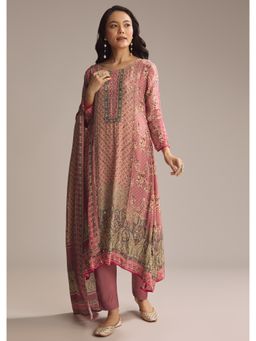 KALKI FASHION - Peach Printed Round Neck Kurta Pant with Dupatta