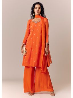KALKI FASHION - Orange Embroidered Round Neck Anarkali Kurta & Palazzo with Dupatta