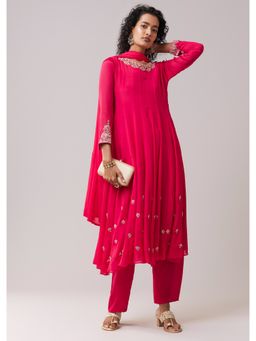 KALKI FASHION - Pink Embroidered Round Neck Anarkali Kurta & Pant with Dupatta
