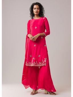 KALKI FASHION - Pink Embroidered Round Neck Kurta Palazzo with Dupatta