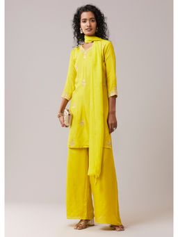 KALKI FASHION - Yellow Embroidered V-Neck Kurta Pant with Dupatta
