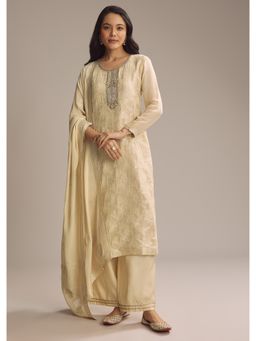 KALKI FASHION - Cream Embroidered Round Neck Kurta Palazzo with Dupatta