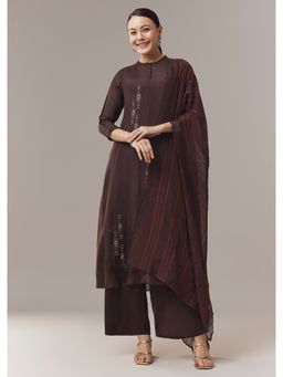 KALKI FASHION - Brown Embroidered Mandarin Neck Anarkali Kurta & Pant with Dupatta