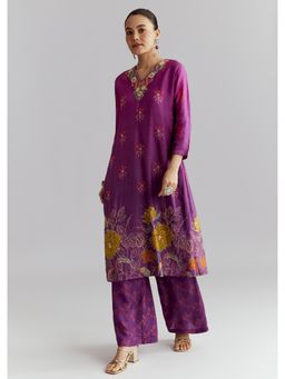 KALKI FASHION - Purple Embroidered V-Neck Kurta & Pant