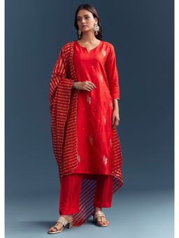 KALKI FASHION - Orange Embroidered V-Neck Kurta Pant with Dupatta