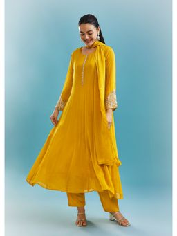 KALKI FASHION - Yellow Embellished/Sequined Round Neck Anarkali Kurta & Pant with Dupatta