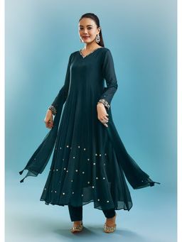 KALKI FASHION - Teal Embroidered V-Neck Anarkali Kurta & Pant with Dupatta