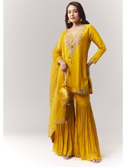 KALKI FASHION - Yellow Embellished/Sequined Round Neck Kurti Sharara with Dupatta
