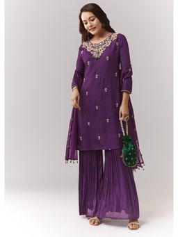 KALKI FASHION - Purple Embroidered Round Neck Kurti Sharara with Dupatta