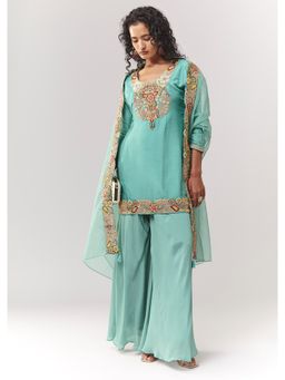 KALKI FASHION - Turquoise Embroidered Round Neck Kurti Palazzo with Dupatta
