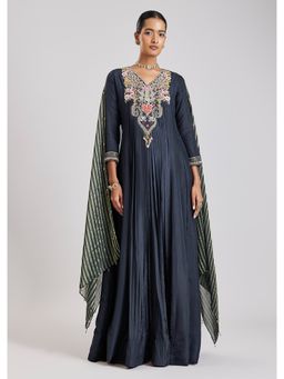 KALKI FASHION - Teal Embroidered V-Neck Evening Gown & Dupatta
