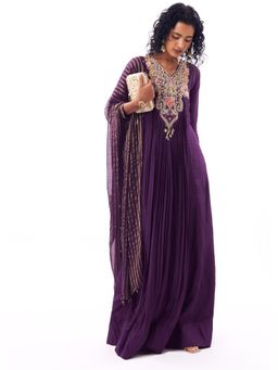 KALKI FASHION - Purple Embroidered V-Neck Evening Gown & Dupatta