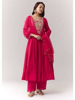 KALKI FASHION - Pink Embroidered Round Neck Anarkali Kurta & Pant with Dupatta