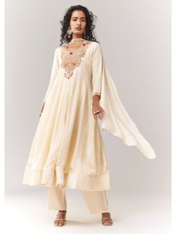 KALKI FASHION - Off White Embroidered Round Neck Anarkali Kurta & Pant with Dupatta