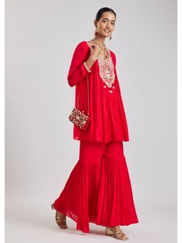 KALKI FASHION - Red Embroidered Round Neck Kurti & Sharara