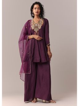 KALKI FASHION - Purple Embroidered V-Neck Kurti Palazzo with Dupatta