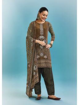 KALKI FASHION - Brown Embellished/Sequined Round Neck Kurta Salwar with Dupatta