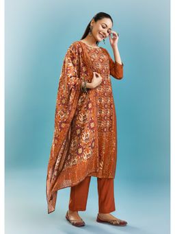 KALKI FASHION - Rust Printed Round Neck Kurta Pant with Dupatta