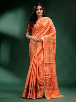 CHARUKRITI - Peach Pure Silk Handwoven Soft Saree with Unstitched Blouse