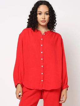 GAP - Red Women Textured Bishop Sleeves Relaxed Fit Top