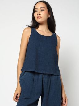 GAP - Navy Blue Women Textured Half Sleeves Top