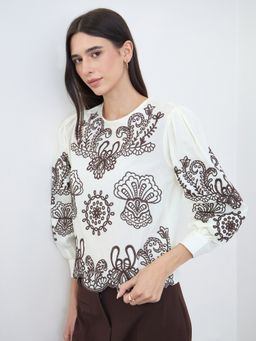 Styli - Women Off White Cotton Embroidered Crew Neck Long Sleeves Regular Fit Top