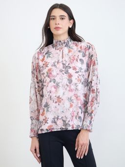 Styli - Women Pink Floral Printed Smocked Mock Neck Long Sleeves Regular Fit Top