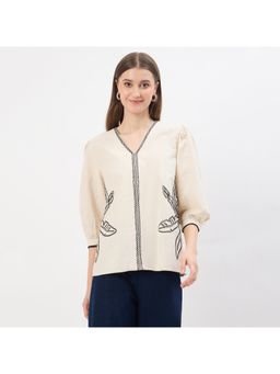 Madame - Embroidery Beige Cotton Blend Top