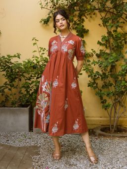 Autumnlane - Women Rust Embroidery Cotton Dress