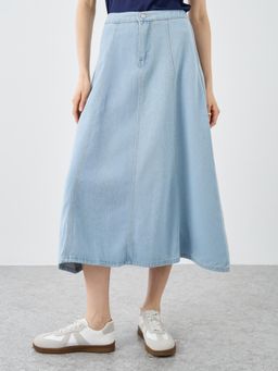 Styli - Women Blue Solid Denim A-Line Midi Skirt with Front Button Closure