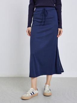 Styli - Women Navy Blue Solid Knitted Midi Skirt