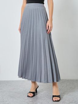 Styli - Women Grey Slubbed Twill Pleated A-Line Maxi Skirt