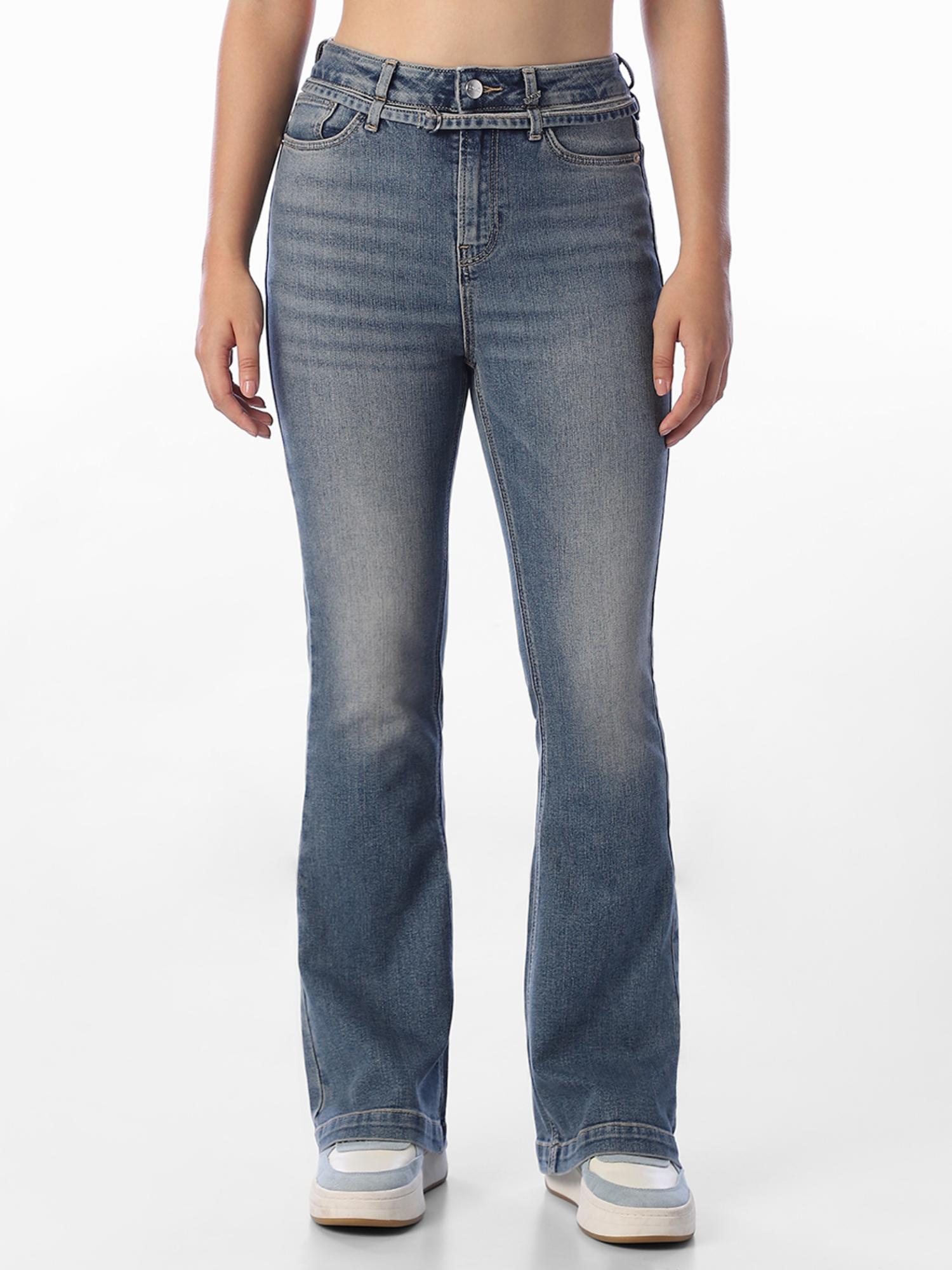 only Womens Solid Flared Fit Blue Jeans with belt-picture-30