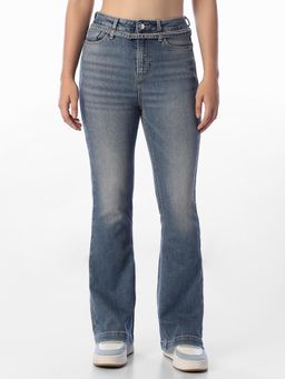 ONLY - Womens Solid Flared Fit Blue Jeans with belt