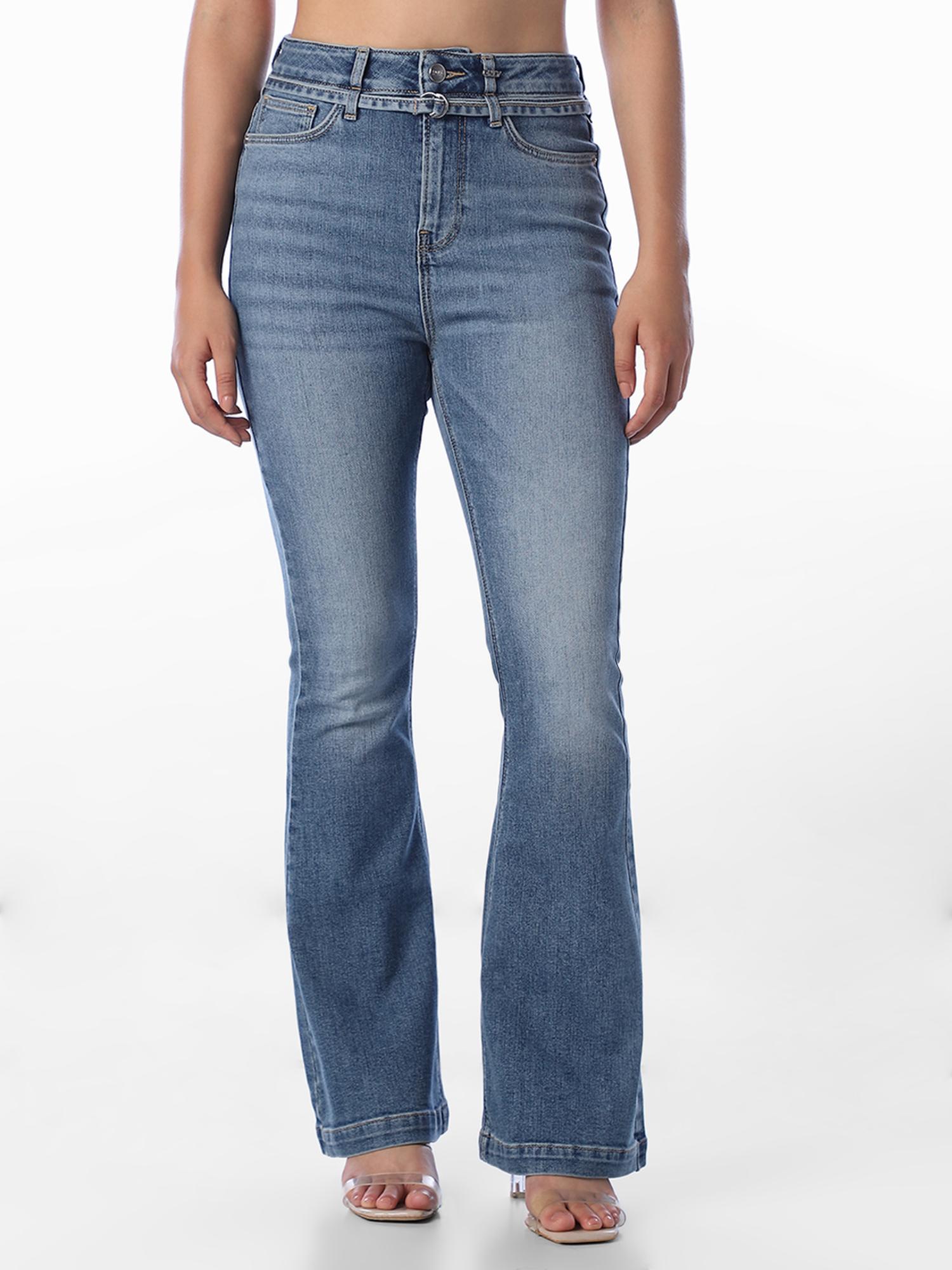 only Womens Solid Flared Fit Blue Jeans with belt-picture-33