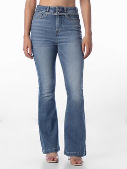 ONLY - Womens Solid Flared Fit Blue Jeans with belt