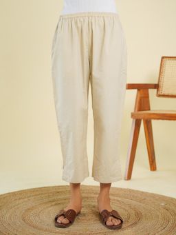 GOODHAND - Beige Cotton Solid Ankle Length Pant for Women