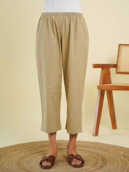 GOODHAND - Beige Cotton Solid Ankle Length Pant for Women