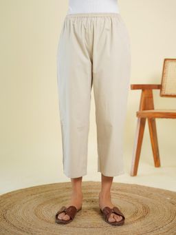 GOODHAND - Cream Cotton Solid Ankle Length Pant for Women