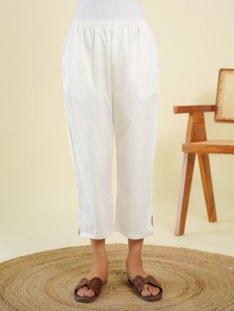 GOODHAND - White Cotton Solid Ankle Length Pant for Women