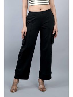 MLADA - Womens Mid Waist Straight Fit Cotton Knit Cargo Pants - Black