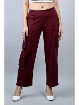 MLADA - Womens Mid Waist Straight Fit Cotton Knit Cargo Pants - Wine
