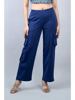 MLADA - Womens Mid Waist Straight Fit Cotton Knit Cargo Pants - Navy Blue
