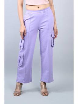 MLADA - Womens Mid Waist Straight Fit Cotton Knit Cargo Pants - Lavender
