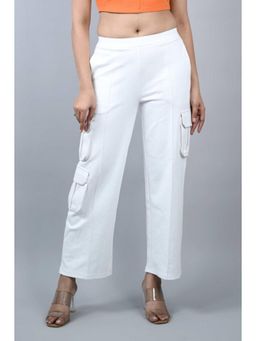 MLADA - Womens Mid Waist Straight Fit Cotton Knit Cargo Pants - White