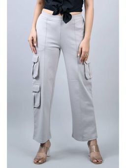 MLADA - Womens Mid Waist Straight Fit Cotton Knit Cargo Pants - Grey