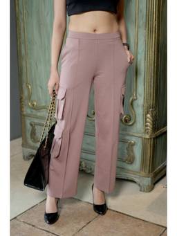 MLADA - Womens Mid Waist Straight Fit Cotton Knit Cargo Pants - Nude