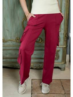 MLADA - Womens Mid Waist Straight Fit Cotton Knit Cargo Pants - Red