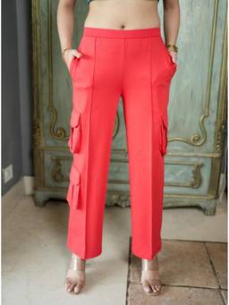MLADA - Womens Mid Waist Straight Fit Cotton Knit Cargo Pants - Red