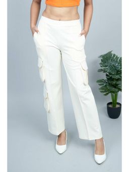 MLADA - Womens Mid Waist Straight Fit Cotton Knit Cargo Pants - Off White